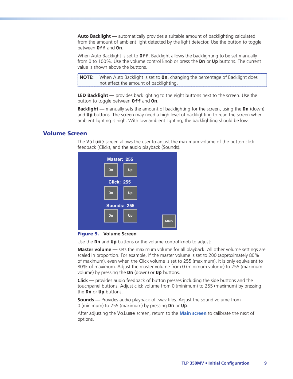 Volume screen, Volume | Extron Electronics TLP 350MV User Guide User Manual | Page 15 / 48