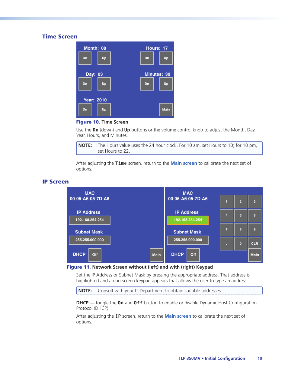 Time screen, Ip screen, Time screen ip screen | Time, Network | Extron Electronics TLP 350MV User Guide User Manual | Page 16 / 48