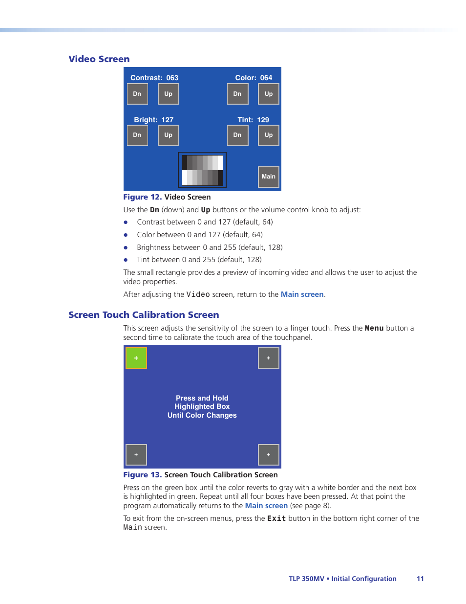 Video screen, Screen touch calibration screen, Video screen screen touch calibration screen | Configuration software, Video | Extron Electronics TLP 350MV User Guide User Manual | Page 17 / 48