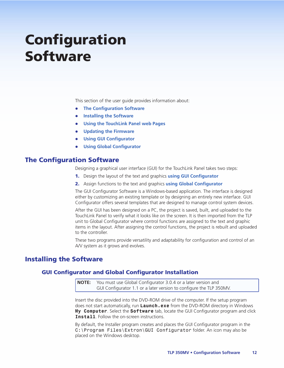 Configuration software, The configuration software, Installing the software | The configuration software installing the software, Gui configurator and global configurator, Installation | Extron Electronics TLP 350MV User Guide User Manual | Page 18 / 48