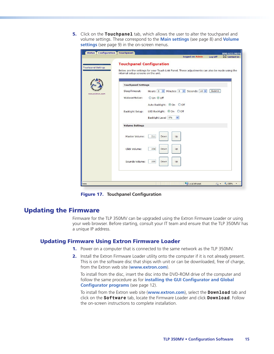 Updating the firmware, Updating firmware using the, Extron firmware loader utility | Extron Electronics TLP 350MV User Guide User Manual | Page 21 / 48