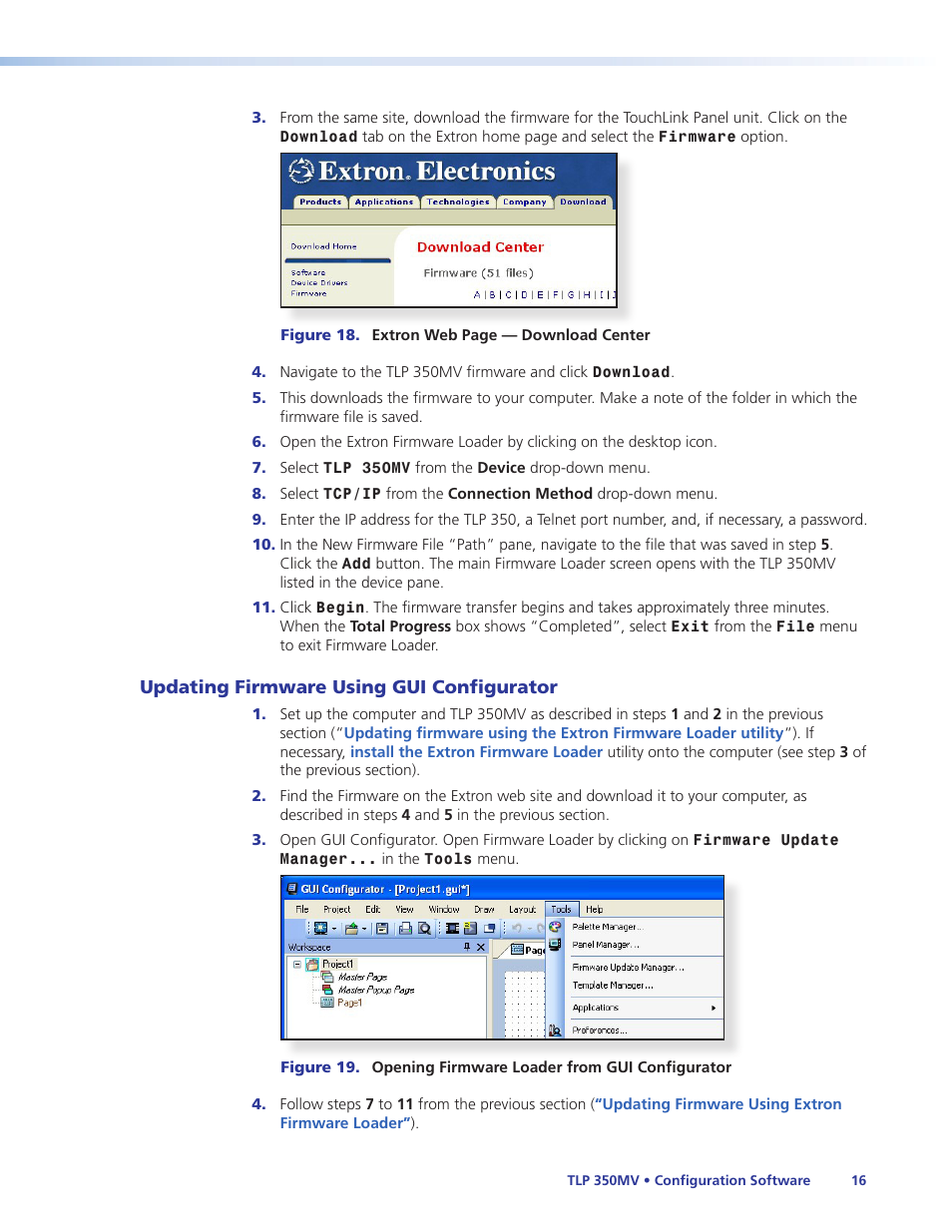 Updating firmware using gui configurator, Updating firmware using, Gui configurator | Updating firmware from a web browser | Extron Electronics TLP 350MV User Guide User Manual | Page 22 / 48