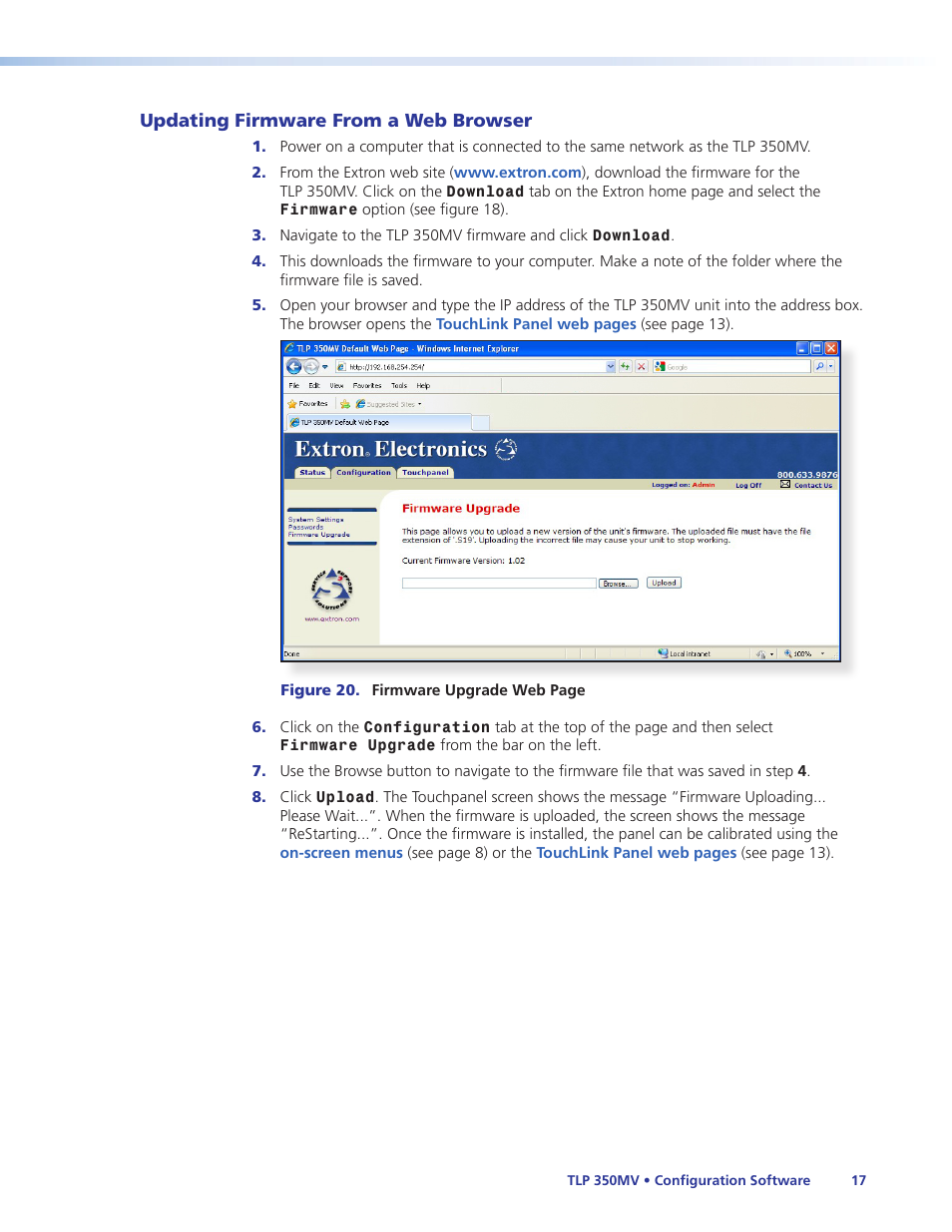 Updating firmware from a web browser, Using gui configurator, Updating firmware from a browser | Extron Electronics TLP 350MV User Guide User Manual | Page 23 / 48