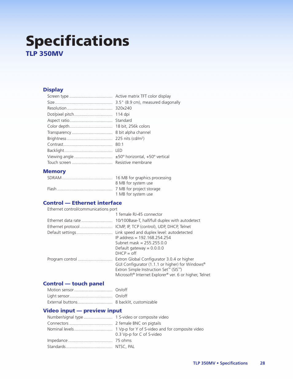 Specifications, Tlp 350mv | Extron Electronics TLP 350MV User Guide User Manual | Page 34 / 48