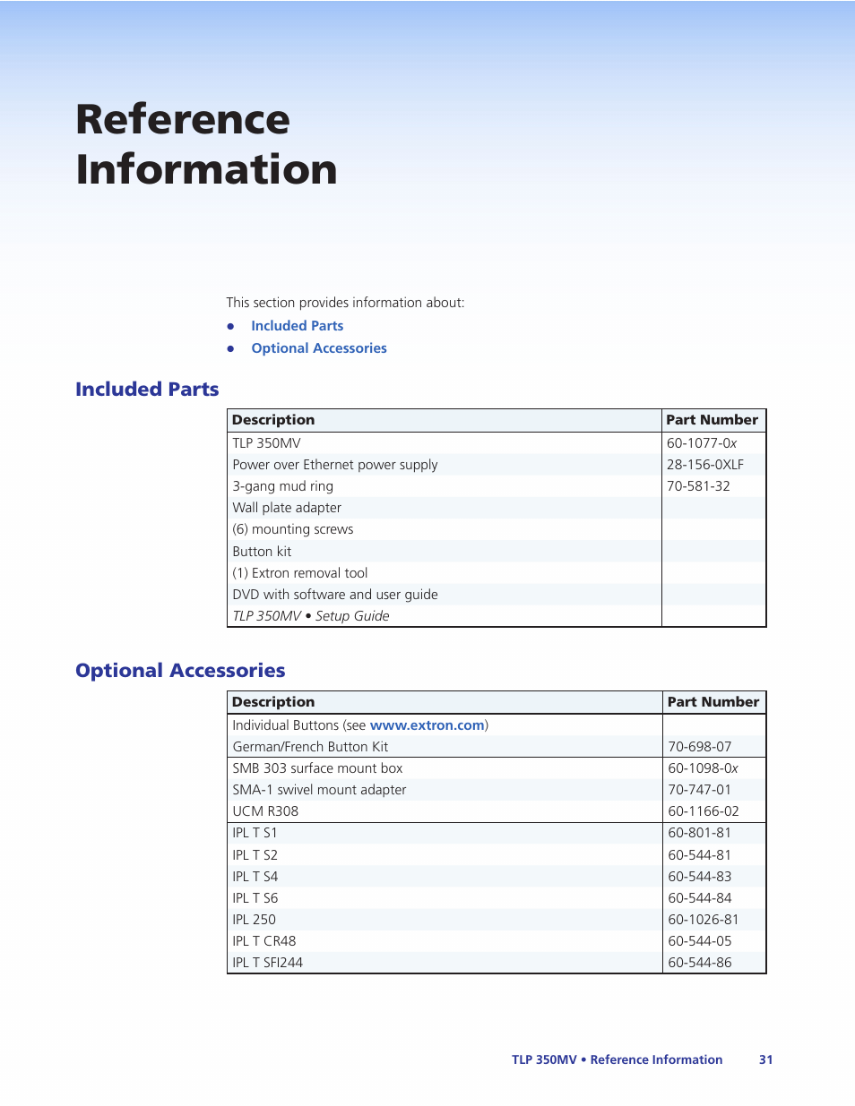 Reference information, Included parts, Optional accessories | Included parts optional accessories | Extron Electronics TLP 350MV User Guide User Manual | Page 37 / 48