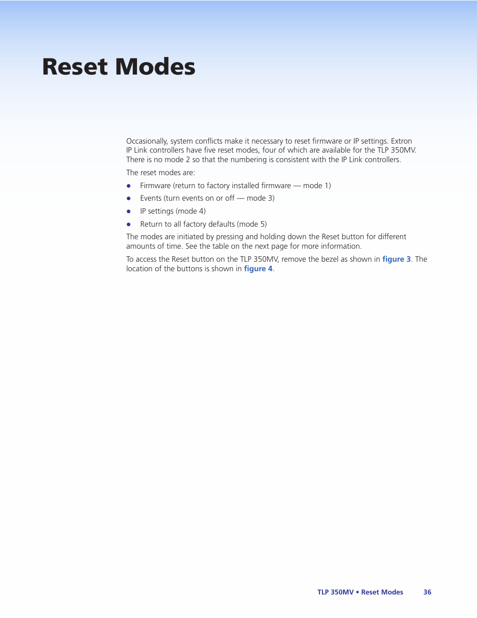 Reset modes, Reset, Modes | Extron Electronics TLP 350MV User Guide User Manual | Page 42 / 48
