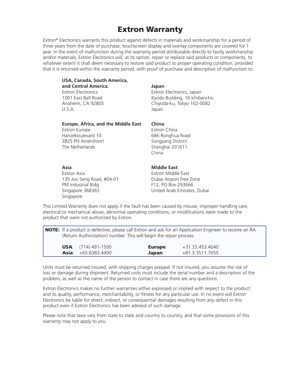 Extron warranty | Extron Electronics TLP 350MV User Guide User Manual | Page 47 / 48