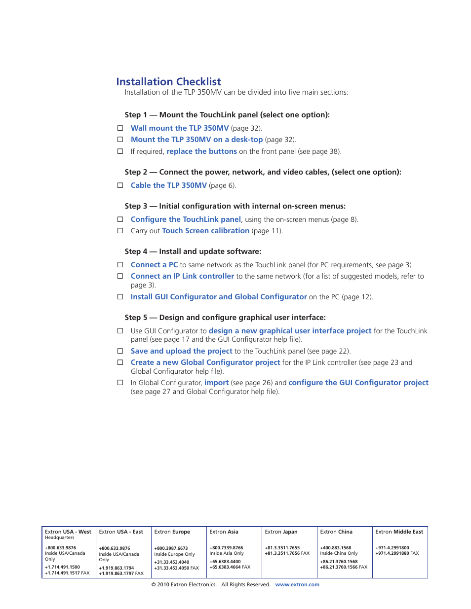 Installation checklist, Extron contact information | Extron Electronics TLP 350MV User Guide User Manual | Page 48 / 48
