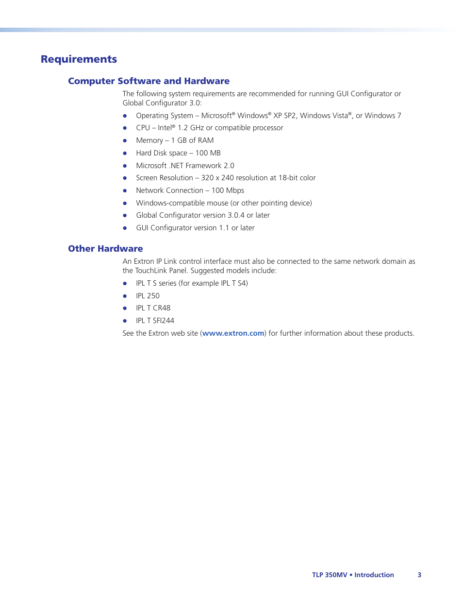 Requirements, Computer software and hardware, Other hardware | Computer software and hardware other hardware | Extron Electronics TLP 350MV User Guide User Manual | Page 9 / 48