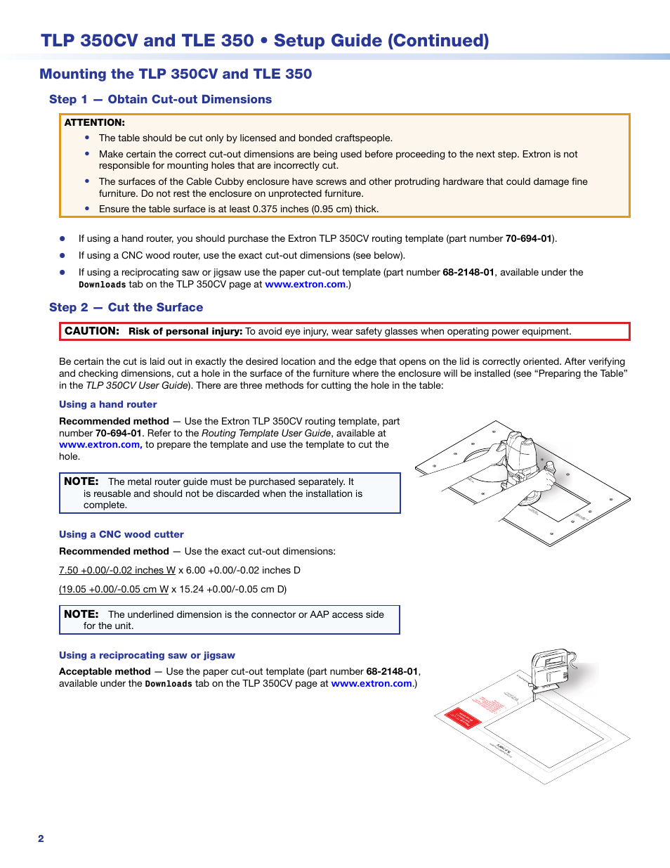 Mounting the tlp 350cv and tle 350, Step 1 - obtain cut-out dimensions, Step 2 - cut the surface | Step 1 — obtain cut-out dimensions, Step 2 — cut the surface, Caution, Attention, Downloads | Extron Electronics TLE 350 Setup Guide User Manual | Page 2 / 8