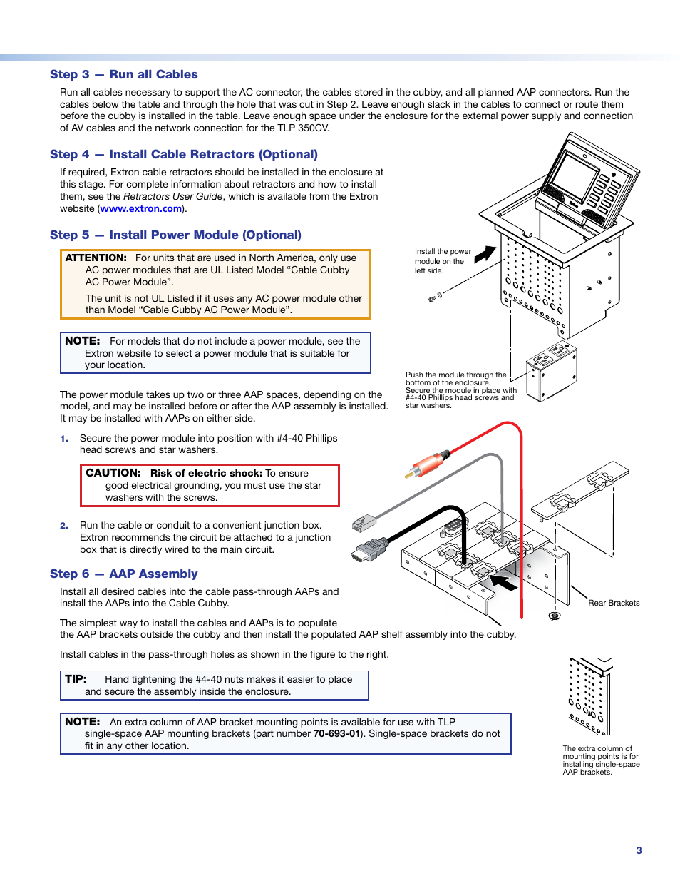 Step 3- run all cables, Step 4 - install cable retractors (optional), Step 5 - install power module (optional) | Step 6 - aap assembly, Step 3 — run all cables, Step 4 — install cable retractors (optional), Step 5 — install power module (optional), Step 6 — aap assembly | Extron Electronics TLE 350 Setup Guide User Manual | Page 3 / 8