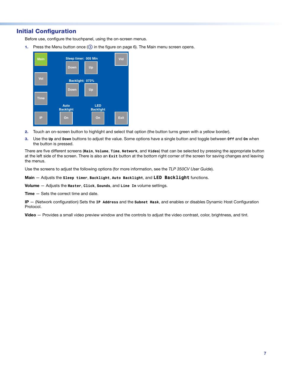 Initial configuration, On-screen menus | Extron Electronics TLE 350 Setup Guide User Manual | Page 7 / 8