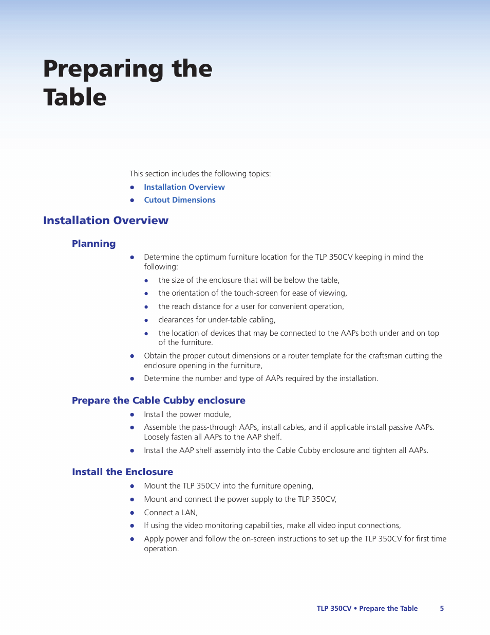 Preparing the table, Installation overview, Planning | Prepare the cable cubby enclosure, Install the enclosure | Extron Electronics TLP 350CV Installation User Manual | Page 11 / 51