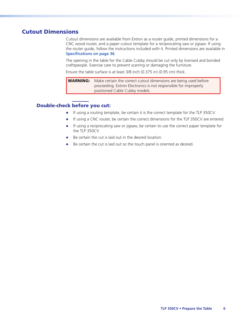 Cutout dimensions, Double-check before you cut | Extron Electronics TLP 350CV Installation User Manual | Page 12 / 51