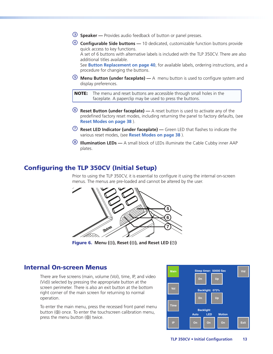Configuring the tlp 350cv (initial setup), Internal on-screen menus | Extron Electronics TLP 350CV Installation User Manual | Page 19 / 51