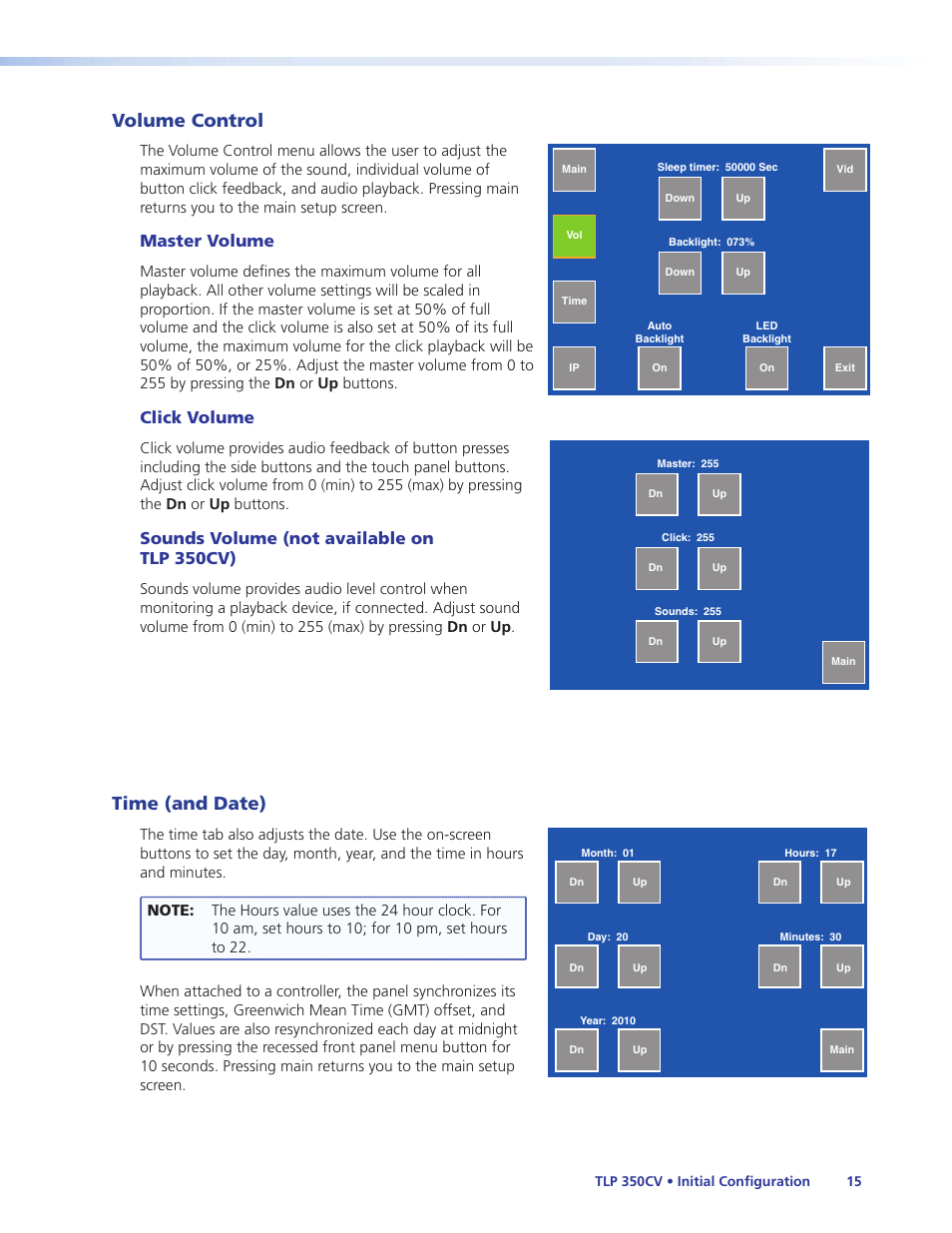 Volume control, Time (and date), Master volume | Click volume, Sounds volume (not available on tlp 350cv) | Extron Electronics TLP 350CV Installation User Manual | Page 21 / 51