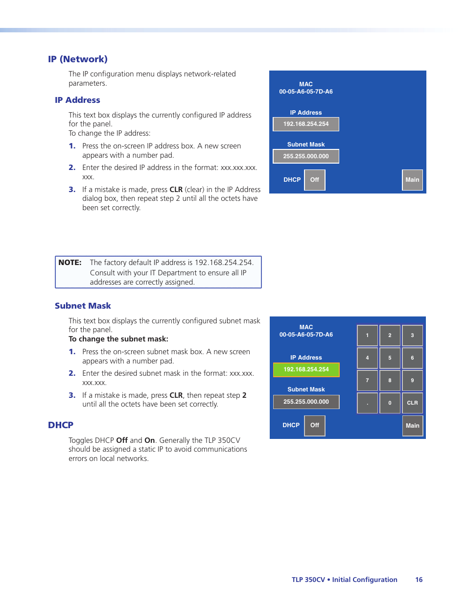 Ip (network), Dhcp, Video | Ip (network) dhcp video, Ip address, Subnet mask | Extron Electronics TLP 350CV Installation User Manual | Page 22 / 51