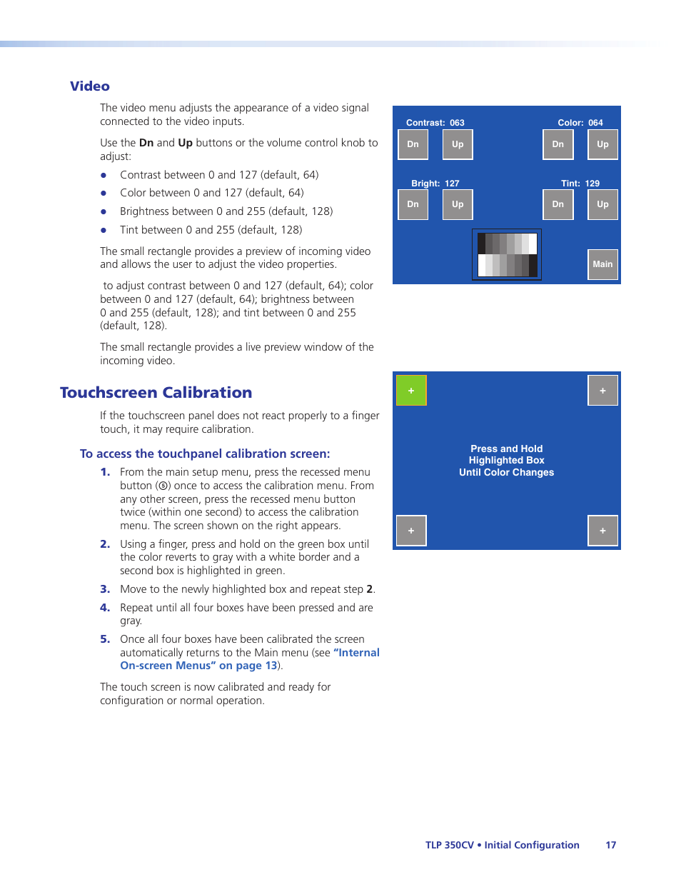 Touchscreen calibration, Video | Extron Electronics TLP 350CV Installation User Manual | Page 23 / 51