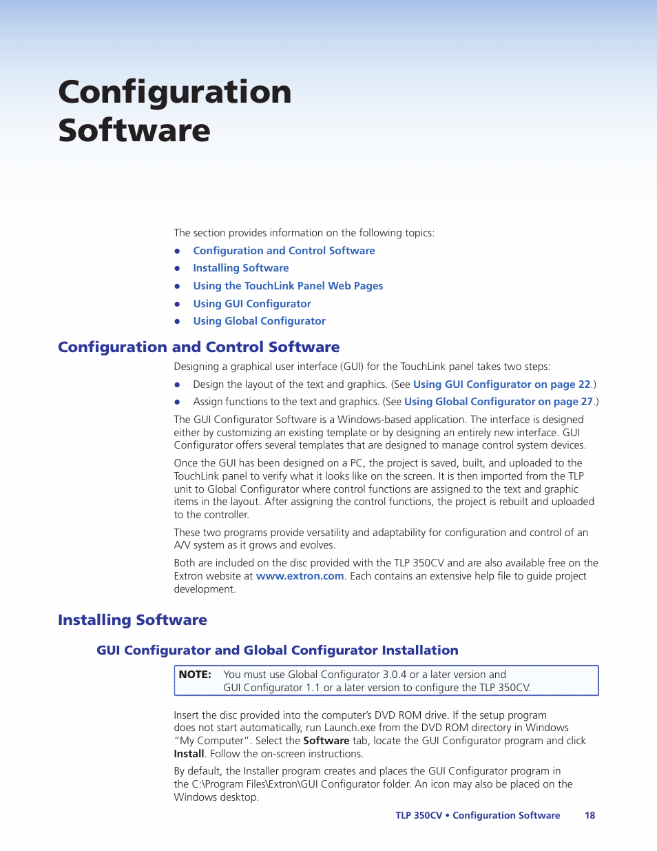 Configuration software, Software control, Configuration and control software | Installing software | Extron Electronics TLP 350CV Installation User Manual | Page 24 / 51