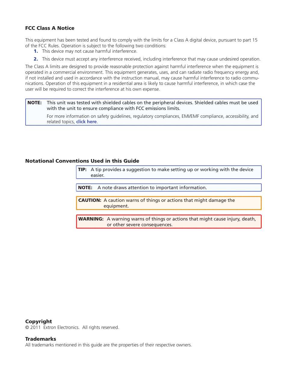 Regulatory and copyright information, Fcc, copyright, and trademark information | Extron Electronics TLP 350CV Installation User Manual | Page 3 / 51