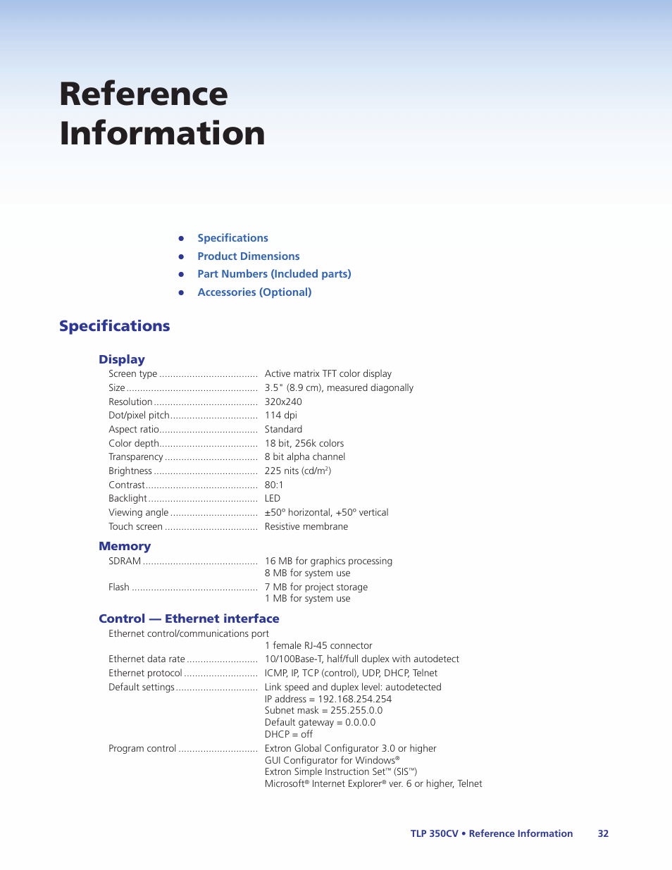 Reference information, Specifications | Extron Electronics TLP 350CV Installation User Manual | Page 38 / 51