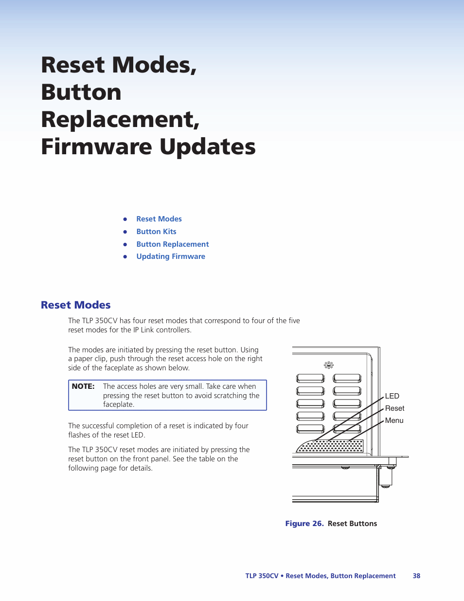 Reset modes, button replacement, firmware updates, Reset modes, Reset modes, button replacement, firm | Ware updates | Extron Electronics TLP 350CV Installation User Manual | Page 44 / 51