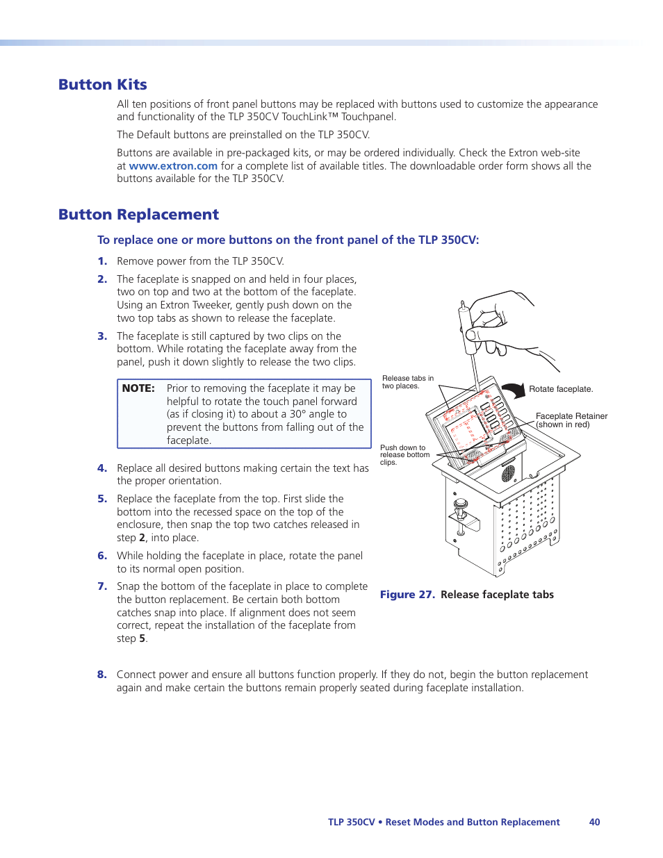 Button kits, Button replacement, Button kits button replacement | Extron Electronics TLP 350CV Installation User Manual | Page 46 / 51