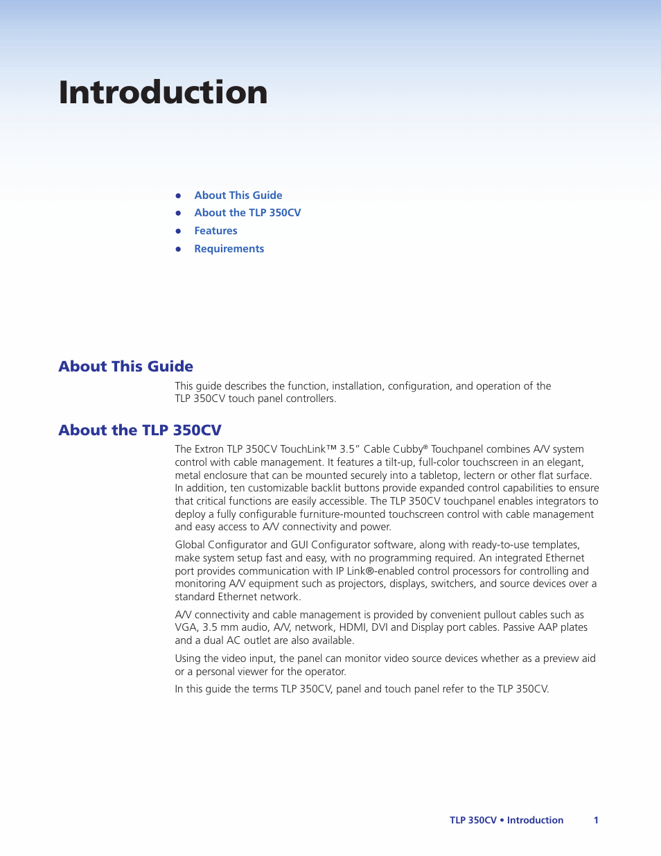 Introduction, About this manual, About the tlp 350cv | About this guide about the tlp 350cv, About this guide | Extron Electronics TLP 350CV Installation User Manual | Page 7 / 51