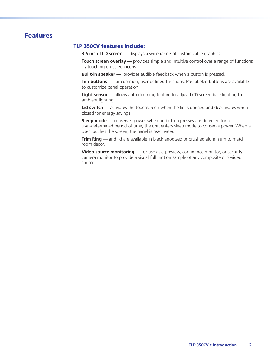 Features | Extron Electronics TLP 350CV Installation User Manual | Page 8 / 51