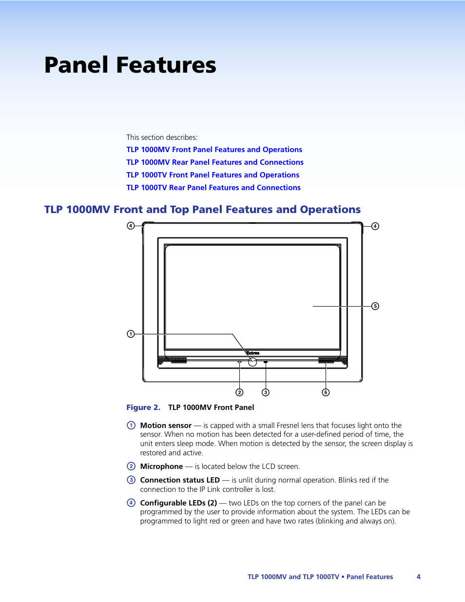 Panel features, Tlp 1000mv front panel features and operations, Tlp 1000mv front and top panel | Features and operations | Extron Electronics TLP 1000TV User Guide User Manual | Page 10 / 54