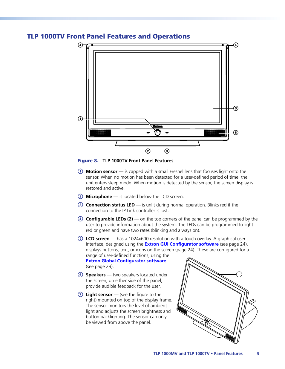 Tlp 1000tv front panel features and operations, Tlp 1000tv front panel, Features and operations | Extron Electronics TLP 1000TV User Guide User Manual | Page 15 / 54