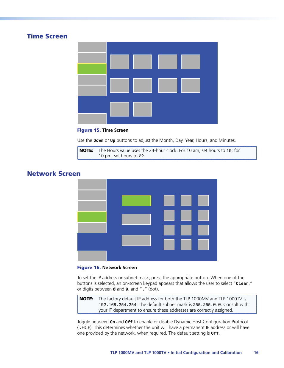 Time screen, Network screen, Time screen network screen | Time, Network | Extron Electronics TLP 1000TV User Guide User Manual | Page 22 / 54