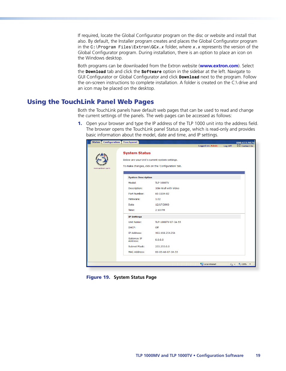 Using the touchlink panel web pages | Extron Electronics TLP 1000TV User Guide User Manual | Page 25 / 54