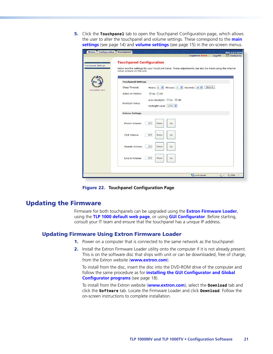 Updating the firmware, Updating firmware using extron firmware loader, Updating firmware using extron firmware | Loader | Extron Electronics TLP 1000TV User Guide User Manual | Page 27 / 54
