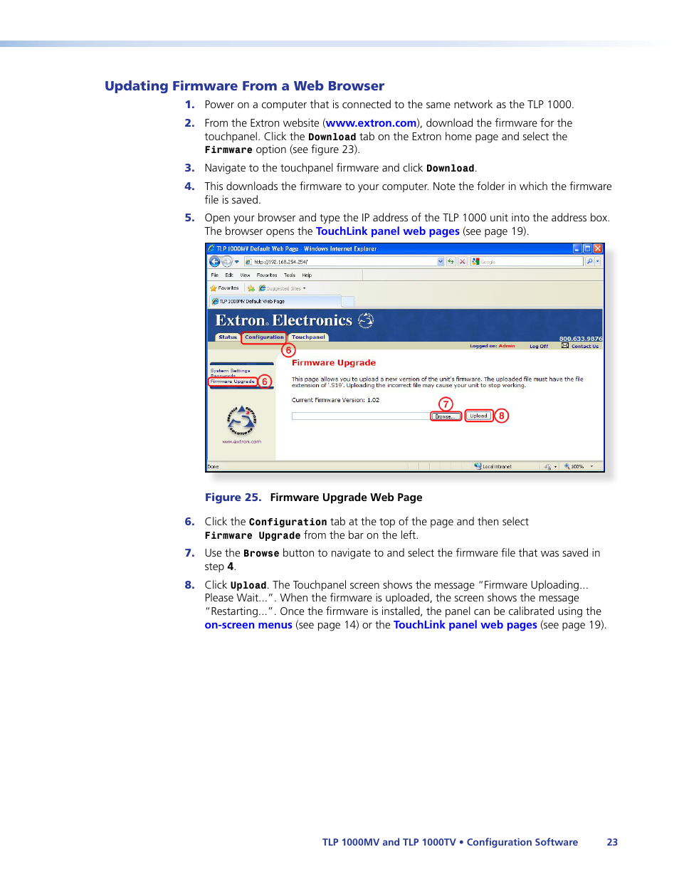 Updating firmware from a web browser, Using the, Or using | Extron Electronics TLP 1000TV User Guide User Manual | Page 29 / 54