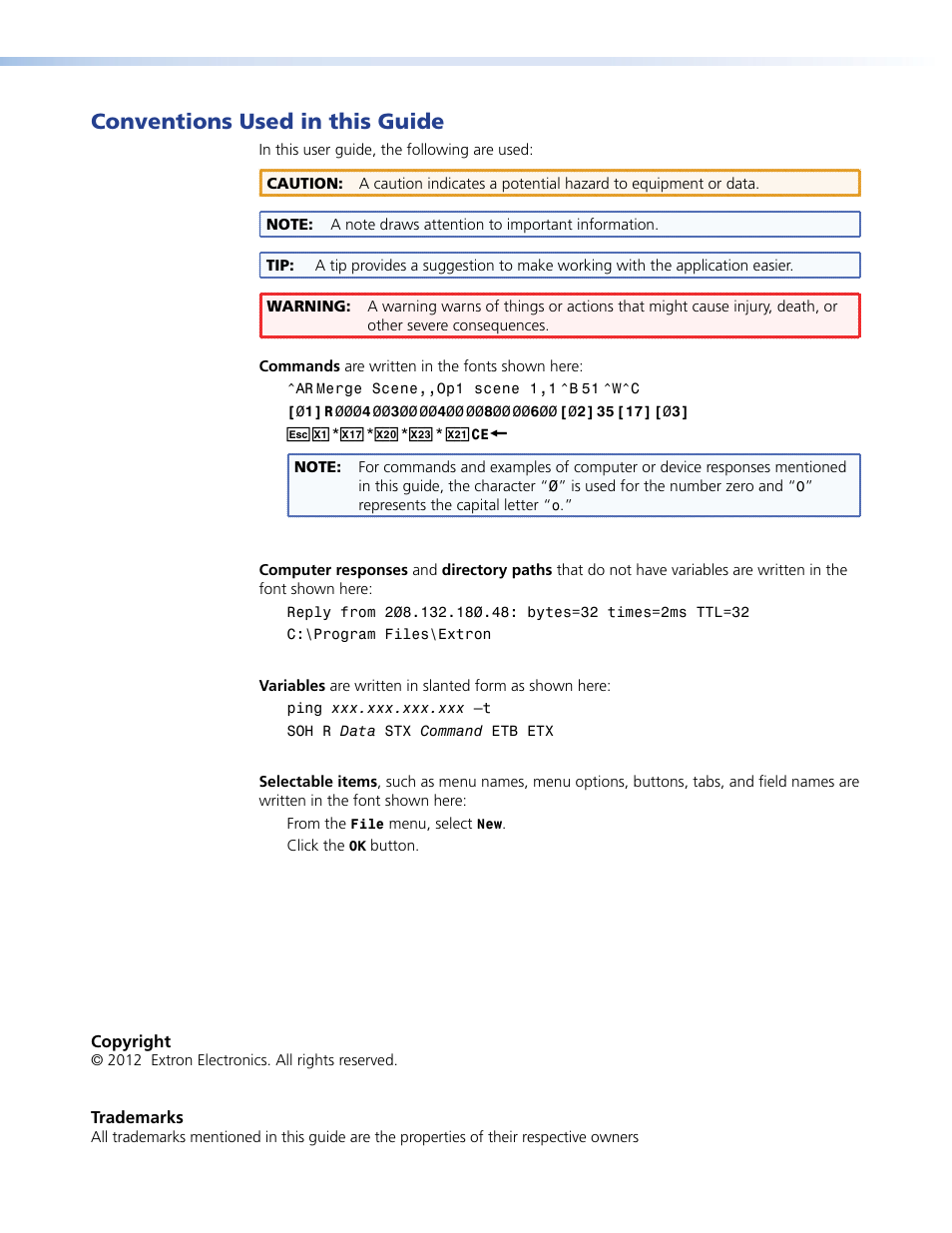 Conventions used in this guide | Extron Electronics TLP 1000TV User Guide User Manual | Page 4 / 54