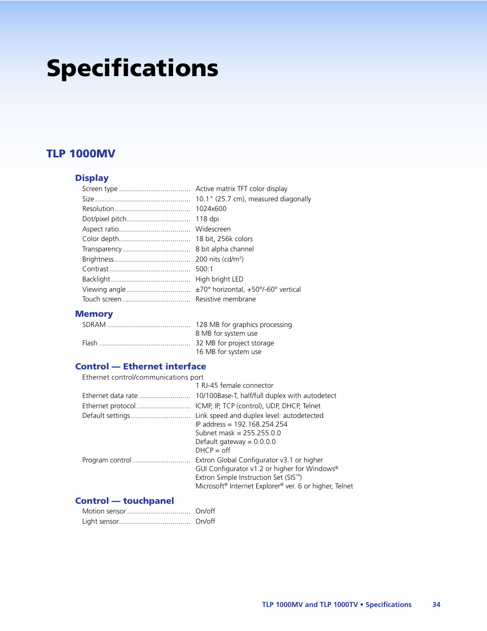 Specifications, Tlp 1000mv | Extron Electronics TLP 1000TV User Guide User Manual | Page 40 / 54