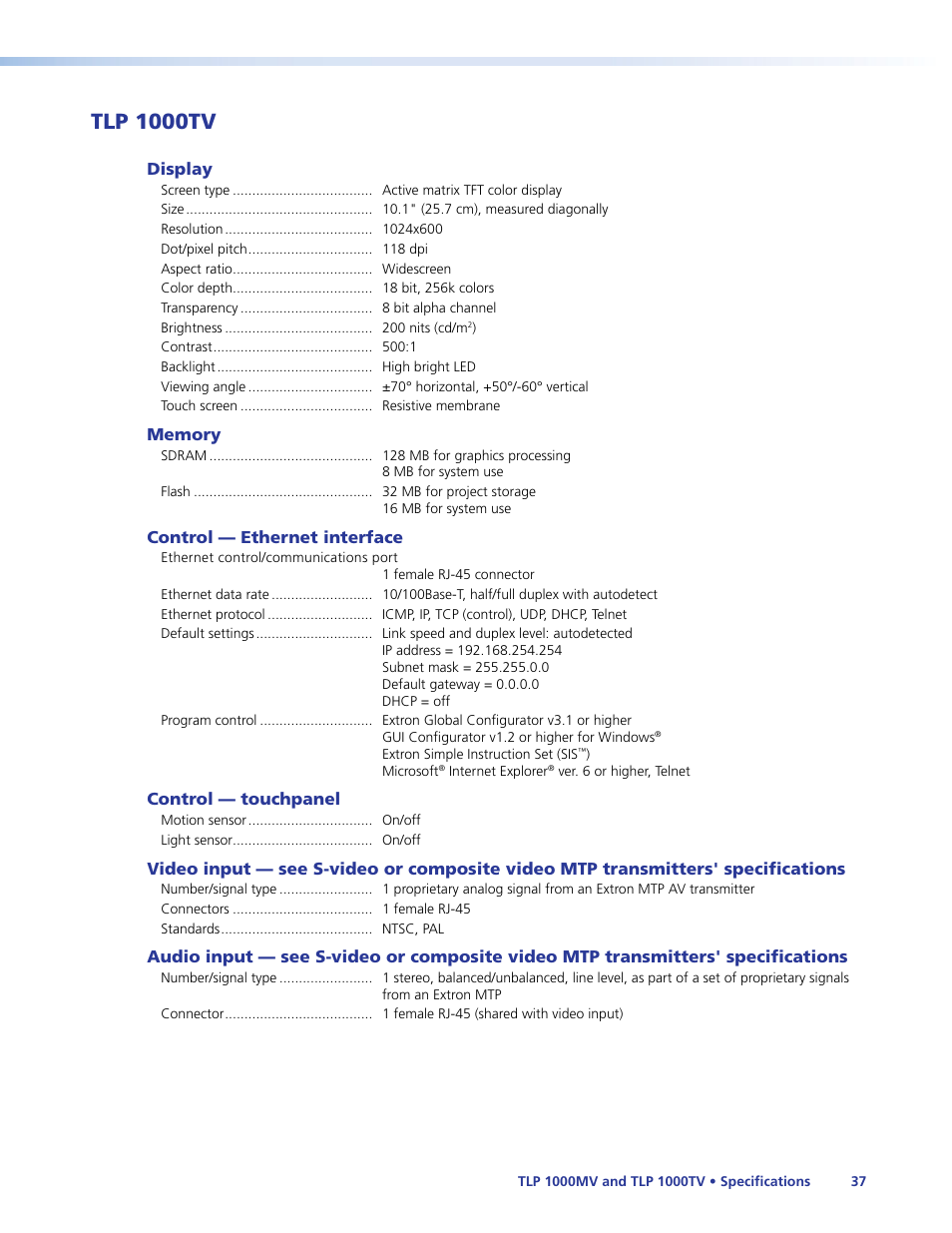 Tlp 1000tv | Extron Electronics TLP 1000TV User Guide User Manual | Page 43 / 54