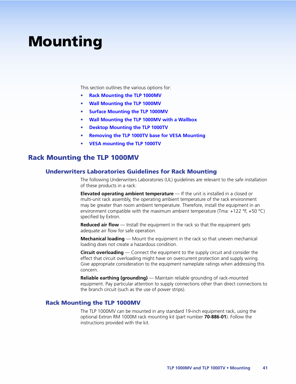 Mounting, Rack mounting the tlp 1000mv, Underwriters laboratories guidelines for | Rack mounting | Extron Electronics TLP 1000TV User Guide User Manual | Page 47 / 54
