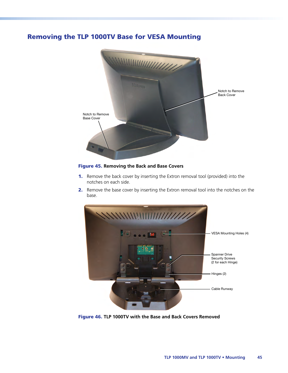 Rear and base covers can be removed, Using the extr, Removing the tlp 1000tv base for vesa mounting | Extron Electronics TLP 1000TV User Guide User Manual | Page 51 / 54