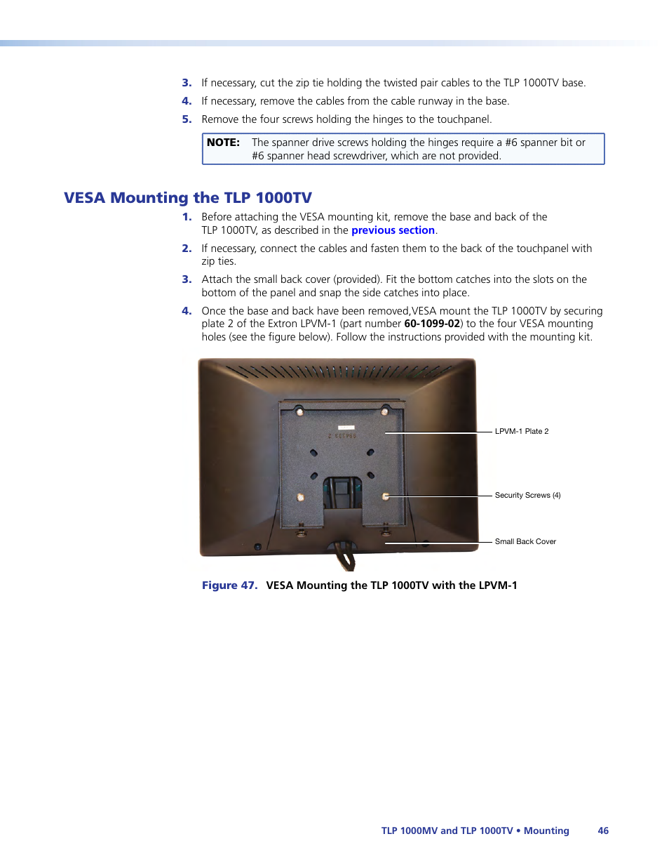 Vesa mounting the tlp 1000tv | Extron Electronics TLP 1000TV User Guide User Manual | Page 52 / 54