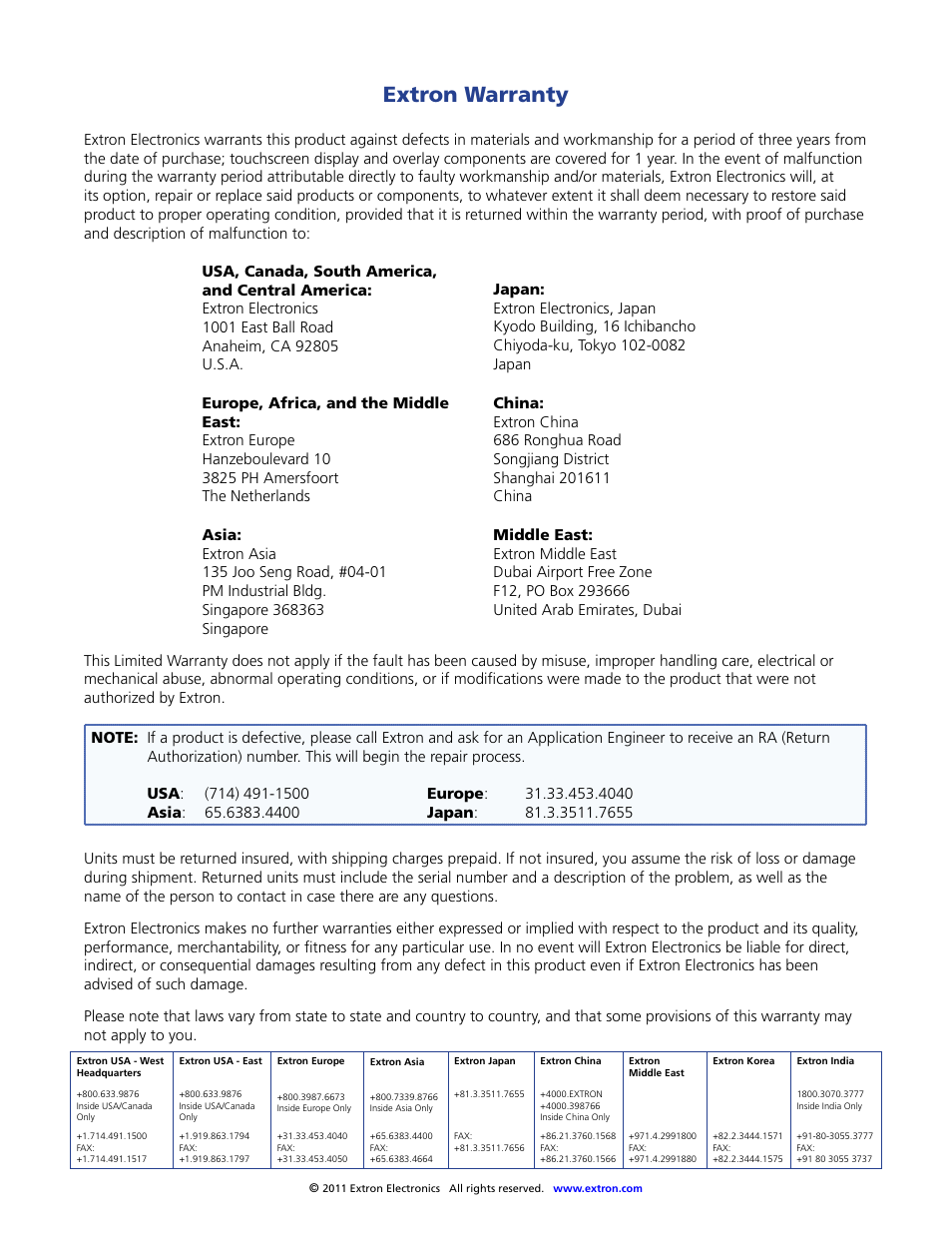 Extron warranty, Extron contact information | Extron Electronics TLP 1000TV User Guide User Manual | Page 54 / 54
