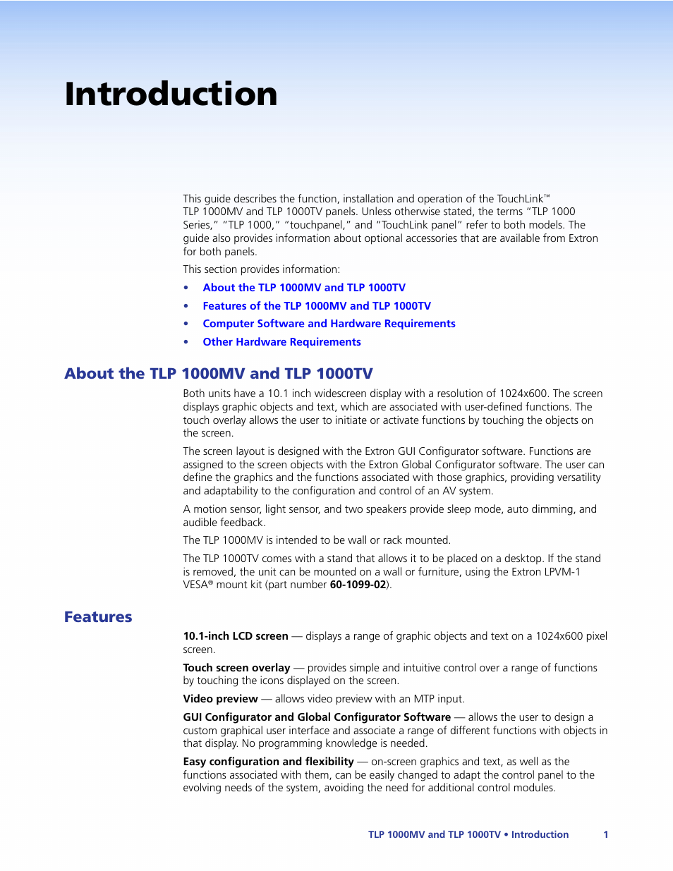 Introduction, About the tlp 1000mv and tlp 1000tv, Features | About the tlp 1000mv and tlp 1000tv features | Extron Electronics TLP 1000TV User Guide User Manual | Page 7 / 54