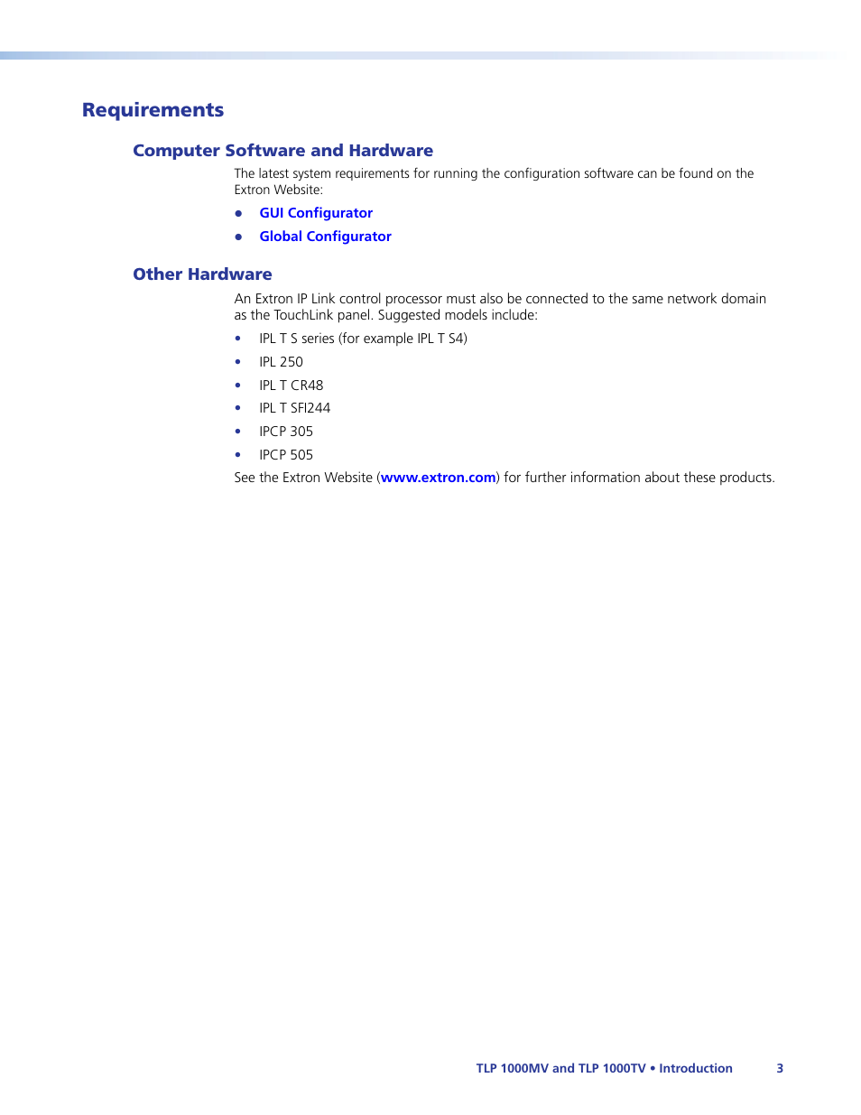 Requirements, Computer software and hardware, Other hardware | Computer software and hardware other hardware, Computer software and hardware requirements, Other hardware requirements | Extron Electronics TLP 1000TV User Guide User Manual | Page 9 / 54
