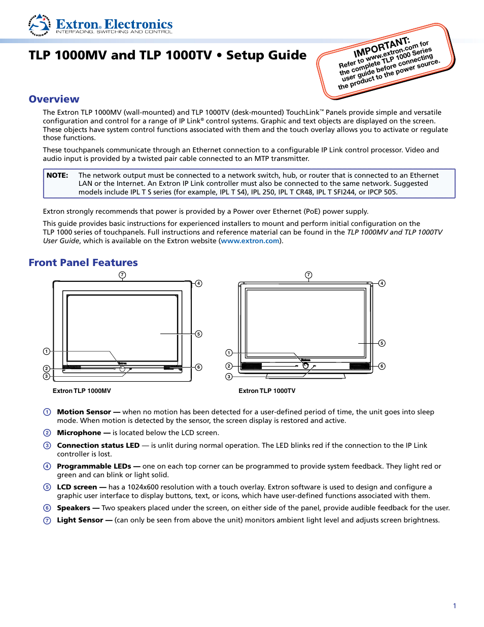 Extron Electronics TLP 1000TV Setup Guide User Manual | 4 pages