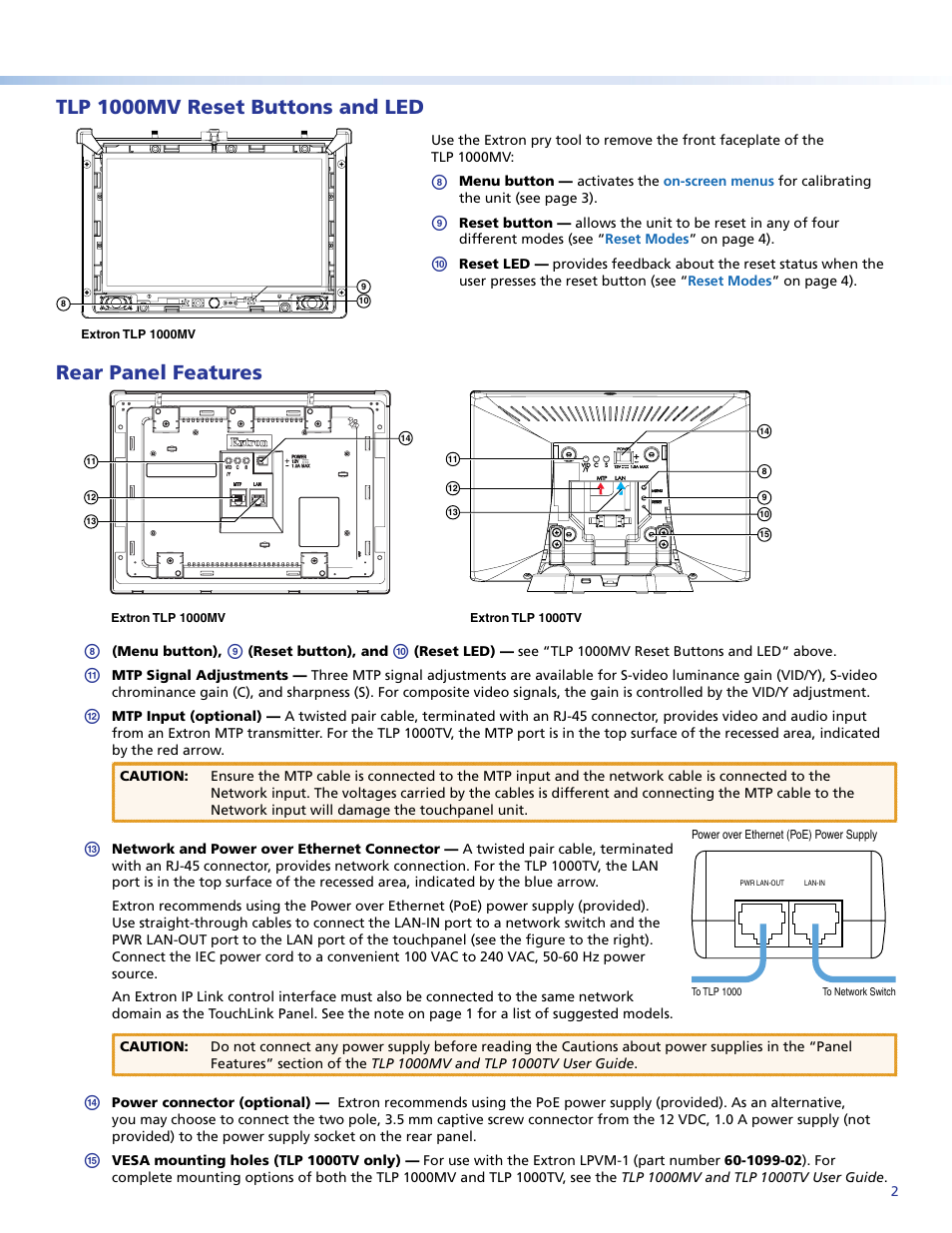 Tlp 1000mv reset buttons and led, Rear panel features, Product category | Extron Electronics TLP 1000TV Setup Guide User Manual | Page 2 / 4