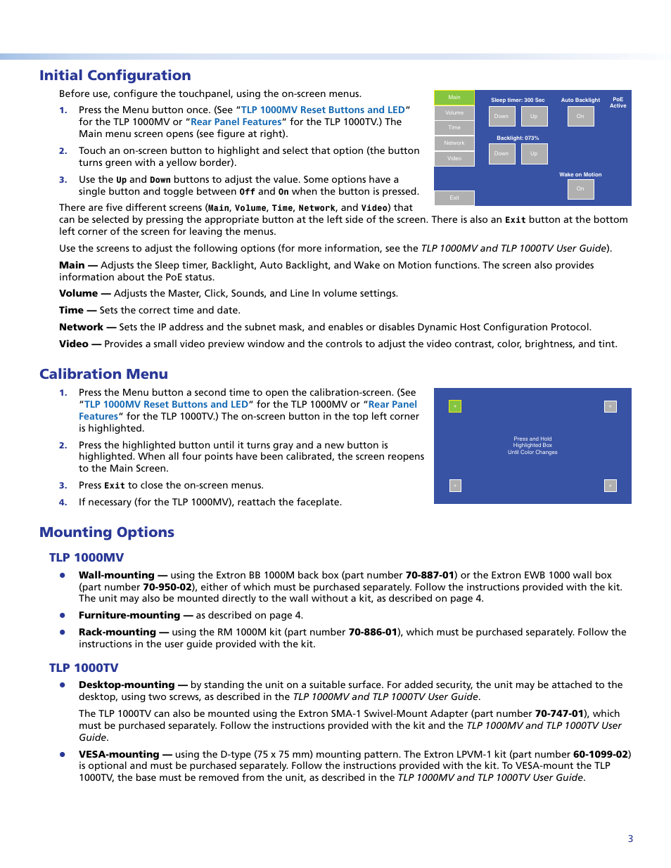 Initial configuration, Calibration menu, Mounting options | Tlp 1000mv, Tlp 1000tv, Product category | Extron Electronics TLP 1000TV Setup Guide User Manual | Page 3 / 4
