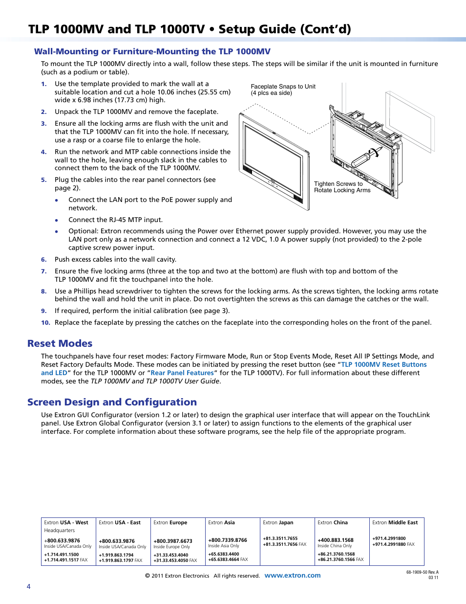 Wall-mounting or furniture-mounting the tlp 1000mv, Reset modes, Screen design and configuration | Extron contact information | Extron Electronics TLP 1000TV Setup Guide User Manual | Page 4 / 4