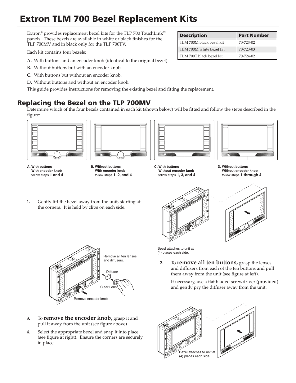 Extron Electronics TLM 700 Bezel Replacement Kits User Manual | 2 pages