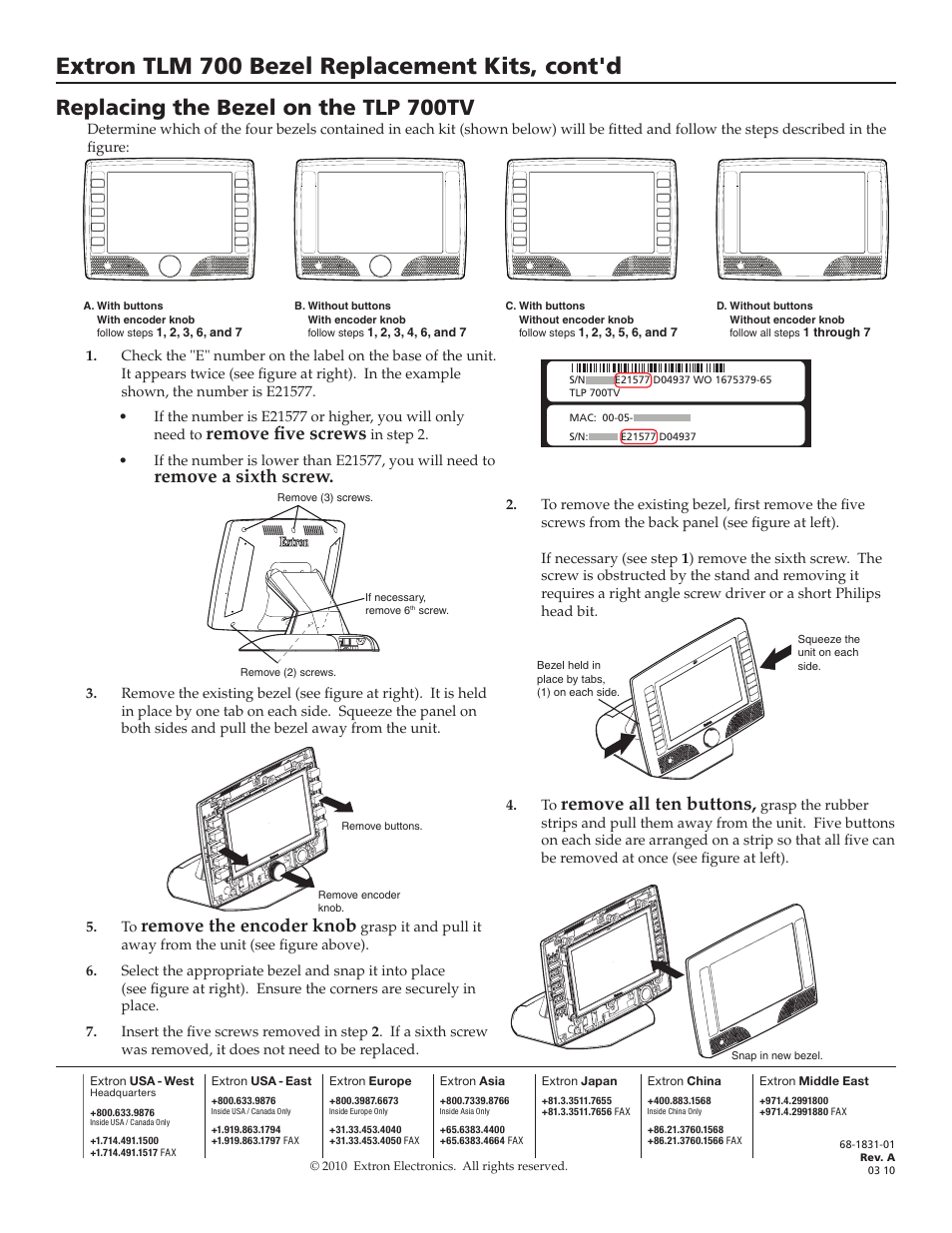 Replacing the bezel on the tlp 700tv, Extron tlm 700 bezel replacement kits, cont'd, Remove all ten buttons | Remove the encoder knob, Remove five screws, Remove a sixth screw | Extron Electronics TLM 700 Bezel Replacement Kits User Manual | Page 2 / 2